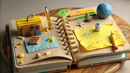 3D Illustration of notebooks and stationery on desk for Back to School