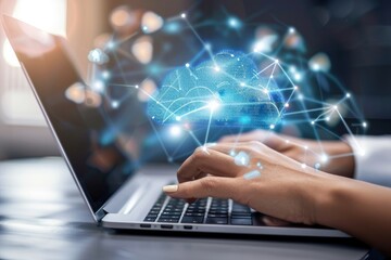 Hand showing laptop computer with cloud network. Cloud computing technology and online data storage for business network concept