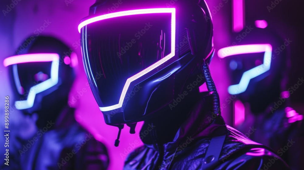 Poster three futuristic individuals with sleek led helmets and suits stand against a backdrop of neon light
