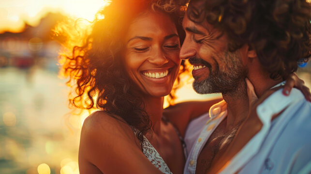Romantic couple embracing by the beach at sunset