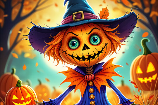 Cartoon scarecrow with orange hair, wearing a black hat and a purple dress, standing amidst pumpkins and autumn leaves.