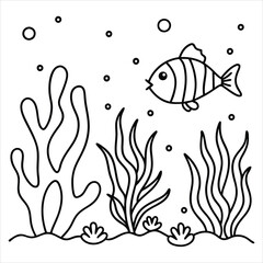 a cute under underwater small fish vector line art