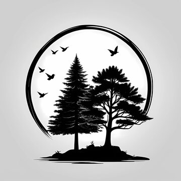 recommend clip art: Artistic silhouette of a tree with a full canopy and circular framing on a gray background.