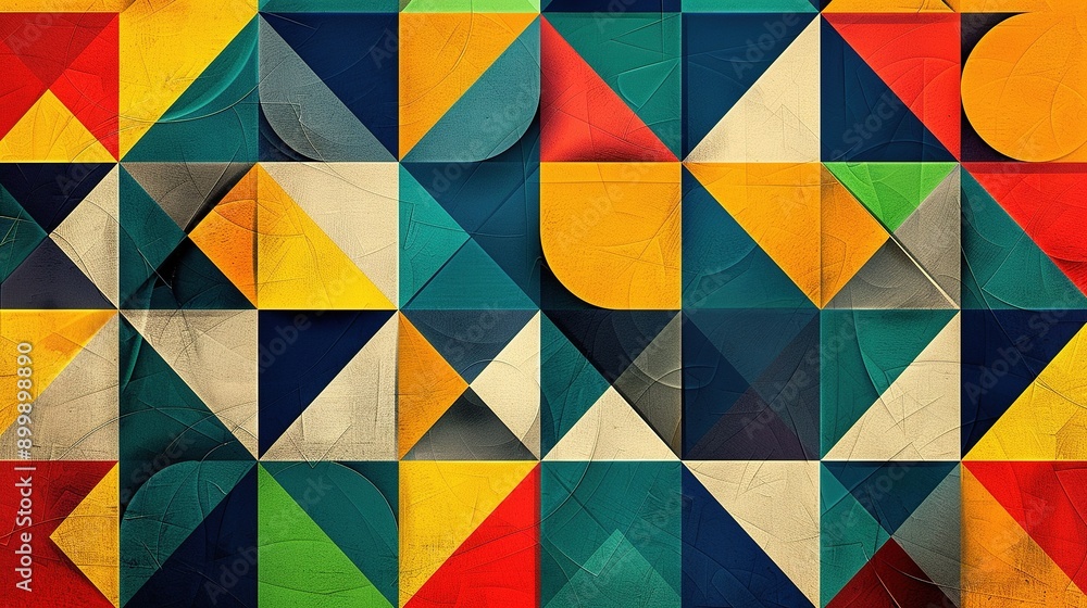 Poster retro geometric pattern background, vector abstract circle, triangle and square lines art. yellow, b