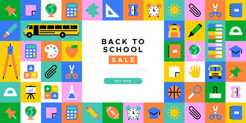 Back to school sale geometric web banner template. Modern flat education supplies cartoon icon background, fun study supply illustration. Children stationery shop, online business discount design.