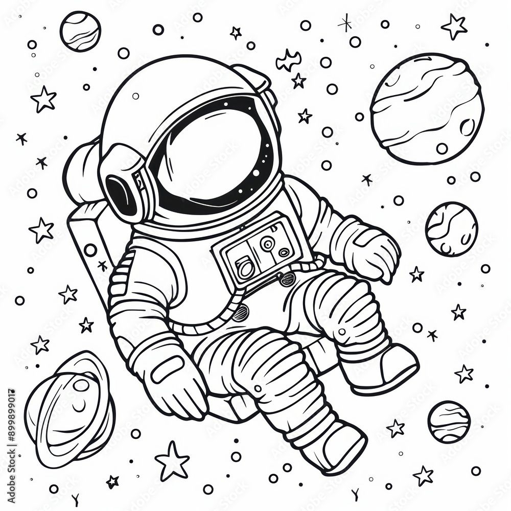 Poster astronaut floating in space with planets and stars. coloring book line art design vector illustratio