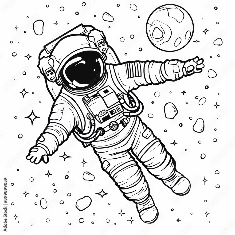 Poster an astronaut floating in space with a planet in the background. coloring book line art design vector