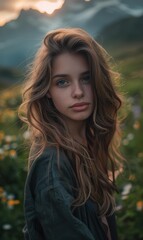 Obraz premium A young woman with long brown hair looks at the camera with a soft expression. AI.