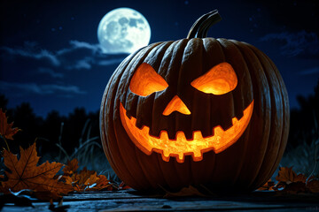 Fototapeta premium Large, carved pumpkin with a jack-o'-lantern face, placed on the ground at night. The moon is visible in the sky behind the pumpkin, casting a soft glow over the scene.
