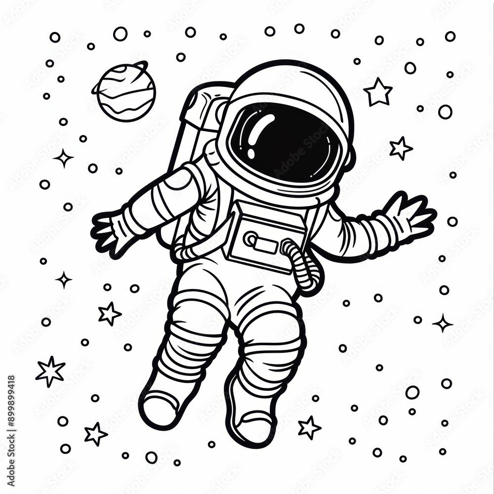 Poster astronaut floating in space with stars and a planet. coloring book line art design vector illustrati