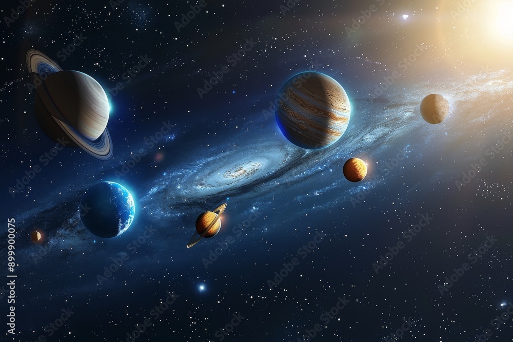 Poster digital illustration of solar system with various planets in orbit showcasing outer space with vibra