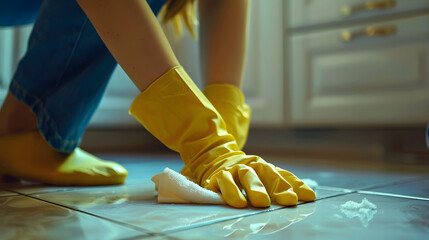 Rubber-gloved hands scrubbing the floor.