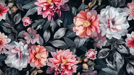 seamless floral allover pattern with abstract watercolor black background for digital print.