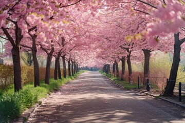 A picturesque street lined with trees adorned with vibrant pink flowers, Park alley filled with cherry blossom trees, AI Generated