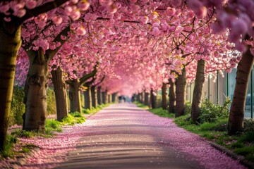 Naklejka premium A beautiful street adorned with towering trees, lined with vibrant pink flowers blooming in full splendor, Park alley filled with cherry blossom trees, AI Generated