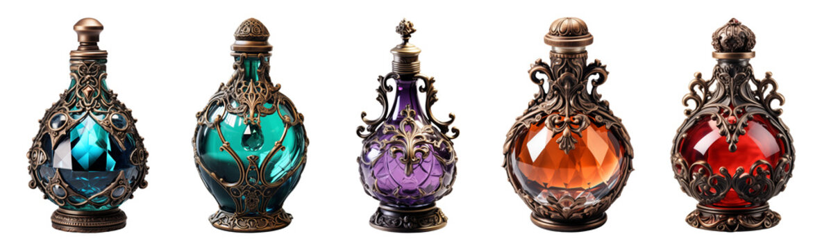 Set of witch's magic potion bottles.