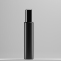 A sleek, matte black cylindrical bottle with a black cap stands against a neutral background. The minimalist design is perfect for showcasing a high-end product.