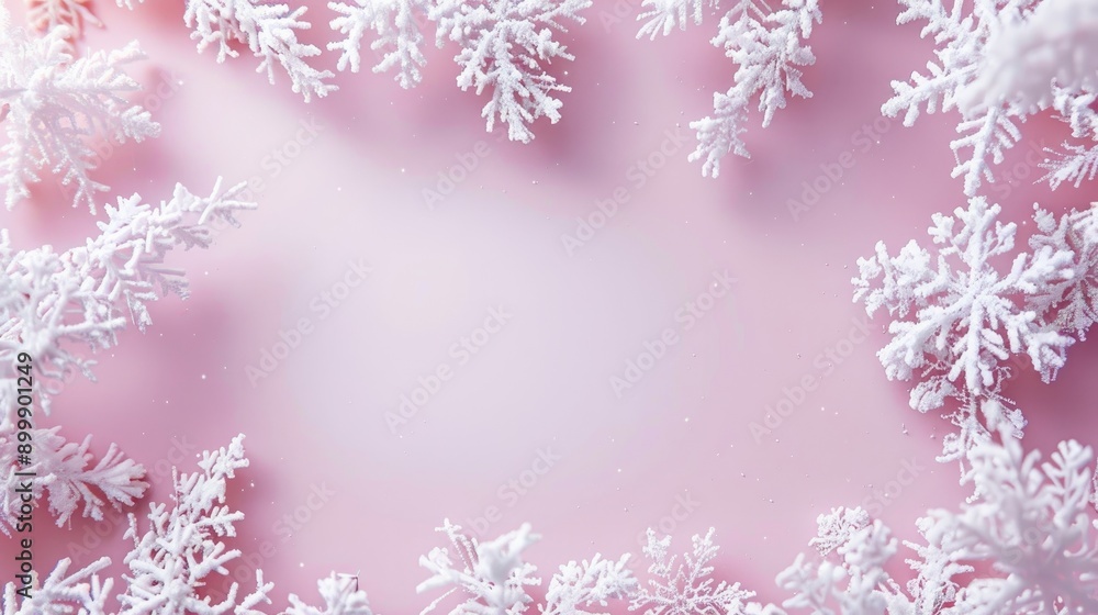 Poster winter theme with snowflake frame on soft pink backdrop