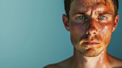 Fototapeta premium A close-up portrait of a man with sunburned skin, showcasing the intensity and rawness of sun exposure. The background adds a contrasting cool blue tone, emphasizing the redness of the sunburn.