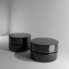 Two sleek black cosmetic jars stand on a pristine white background, illuminated by soft lighting. Ideal for showcasing premium skincare products, this minimalist mockup emphasizes elegance and sophist