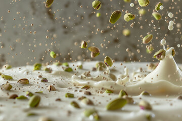 A white plate with a splash of milk and a bunch of green nuts