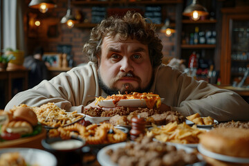 A very obese man sitting at a table eating a lot of food that falls from his mouth and who should go on a diet.