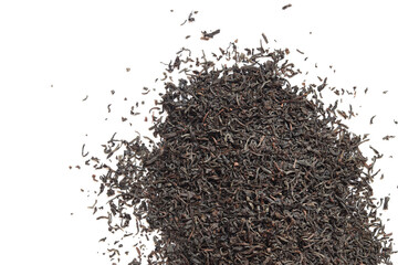 Black long tea on a white background. Top view of dried tea leaves. Tea composition. Ingredients for a hot drink, close-up. Background. Presentation of the type and variety of tea