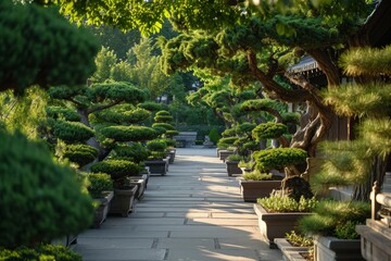 Obraz premium A well-maintained walkway with a row of potted plants and trees on either side, Park scene featuring an alley with beautifully pruned bonsai trees, AI Generated