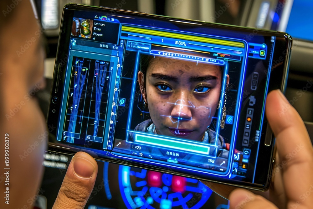 Wall mural software developer showing mobile app using facial recognition system