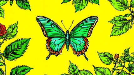 Vibrant Butterfly Illustration with Green Leaves and Yellow Background - Colorful Nature Art