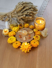 amulets, flowers, candles, witchcraft items, wheat ears and crystals on table. wiccan Witchcraft, magic Esoteric Ritual for Lammas, Lughnasadh. energy healing spiritual practice for relax, meditation