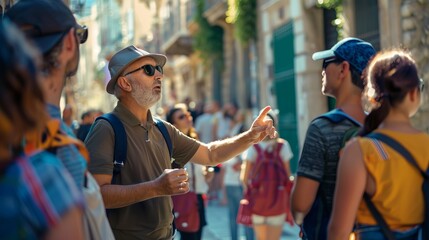 A tour guide leads a group of tourists on a sunny day. Red flag tour guide. Student group. Ankara, Turkey - May 6, 2023