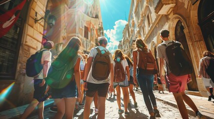 A tour guide leads a group of tourists on a sunny day. Red flag tour guide. Student group. Ankara, Turkey - May 6, 2023