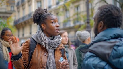 A tour guide leads a group of tourists on a sunny day. Red flag tour guide. Student group. Ankara, Turkey - May 6, 2023