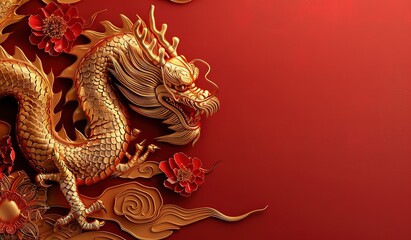 Fototapeta premium Golden Dragon on Red Background