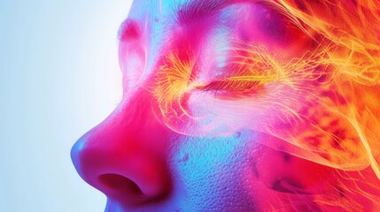 A striking abstract portrait featuring vibrant neon colors and intricate textures, capturing the essence of modern digital art. This captivating image is perfect for themes of creativity, innovation