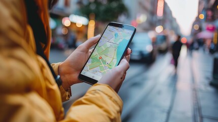 Traveler Gen z girl leather fashion with punk Asian woman tourist in city street searching location in map application online smart phone using GPS navigating