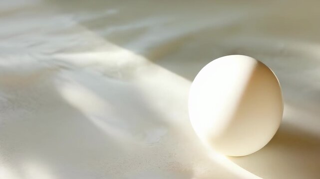 A white egg rests on a smooth, sunlit surface, casting gentle shadows. The setting appears to be during the daytime with natural light highlighting the egg's smooth texture, adding a serene and calm