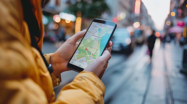 Traveler Gen z girl leather fashion with punk Asian woman tourist in city street searching location in map application online smart phone using GPS navigating