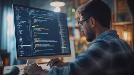 Man programming on computer with holographic display.