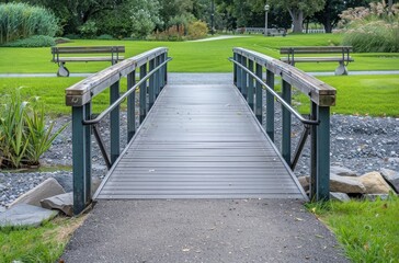 narrow rubber walkway bridge with steel frames and wooden planks over the path in the park