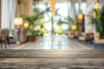 Empty Wooden Tabletop Against Blurred Lobby Background, Perfect for product displays or presentations.