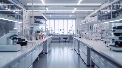 A modern scientific laboratory filled with advanced equipment and tools. The lab features microscopes, glassware, and neatly organized workstations under bright lighting, creating a sterile and
