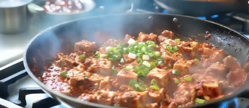 A pan filled with spicy mapo tofu cooking on a stove emitting sizzling sounds A sizzling hot wok of spicy mapo tofu with minced pork