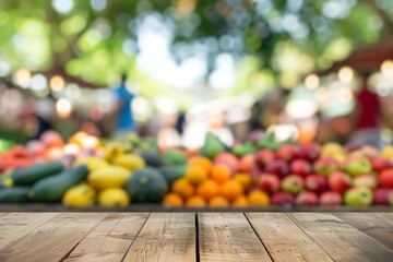 Wooden Table with Blurred Fruits and People in the Background, perfect place to display products or create a product mock-up
