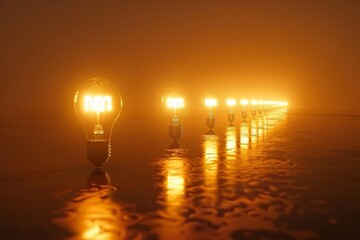 Row of vintage light bulbs glowing in a warm moody setting showcasing nostalgic and atmospheric lighting
