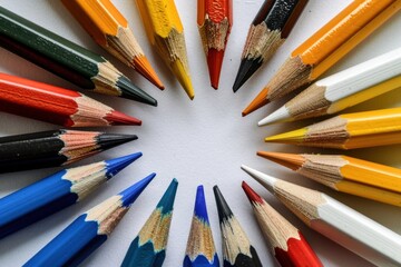 Fototapeta premium Colorful Sharpened Pencils Arranged in Circle on White Surface