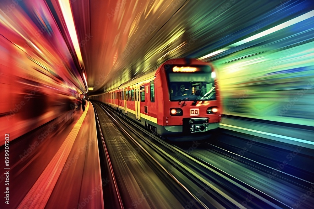 Poster red train speeding in tunnel with motion blur effect