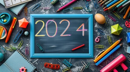 Colorful Stationery and "2025" in Bright Numbers on Grey Surface
