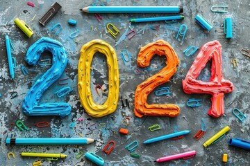 Colorful Stationery and "2025" in Bright Numbers on Grey Surface
